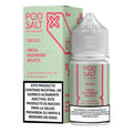A sleek 30ml clear plastic bottle of Pod Salt Nexus fresh raspberry mojito e-liquid with pink mint green label and white cap