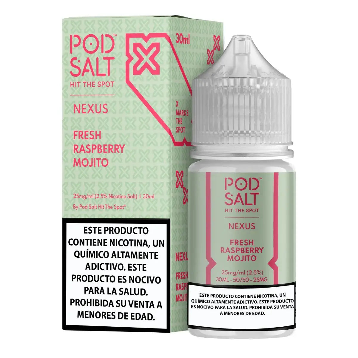 A sleek 30ml clear plastic bottle of Pod Salt Nexus fresh raspberry mojito e-liquid with pink mint green label and white cap