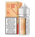 A sleek transparent glass bottle with a silver cap and peach label for fuji apple peach pod salt vape juice