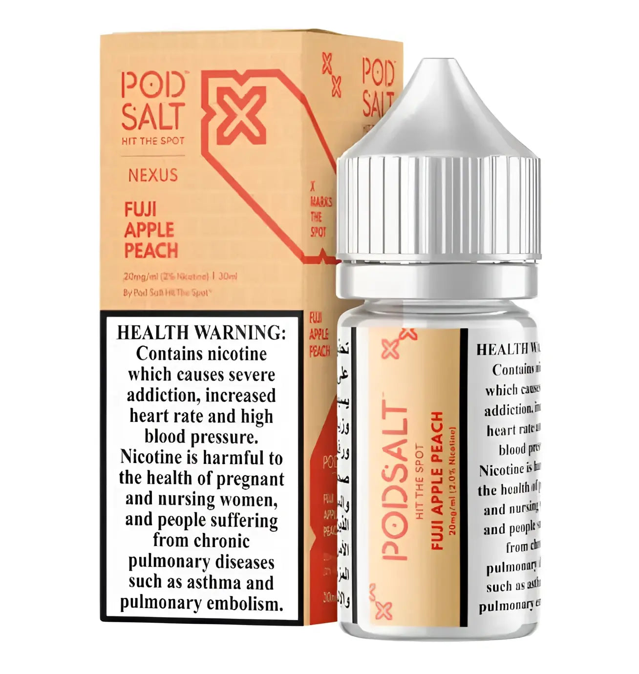 A sleek transparent glass bottle with a silver cap and peach label for fuji apple peach pod salt vape juice
