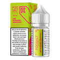 A clear glass bottle of lime raspberry grapefruit pod salt vape juice with a silver dropper and lime green label