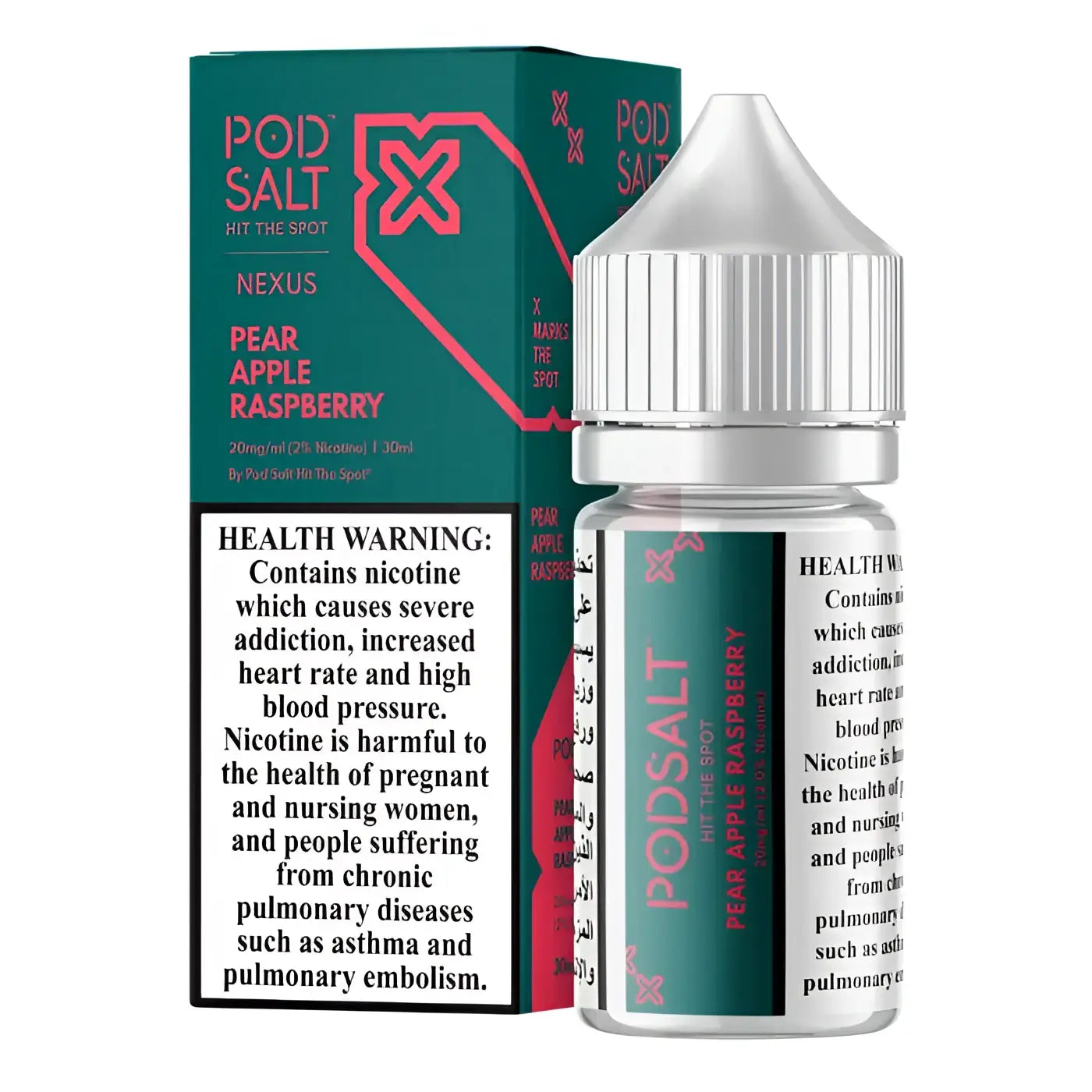 Clear glass bottle with silver cap and teal label featuring pink text for pod salt nexus pear apple raspberry e-liquid