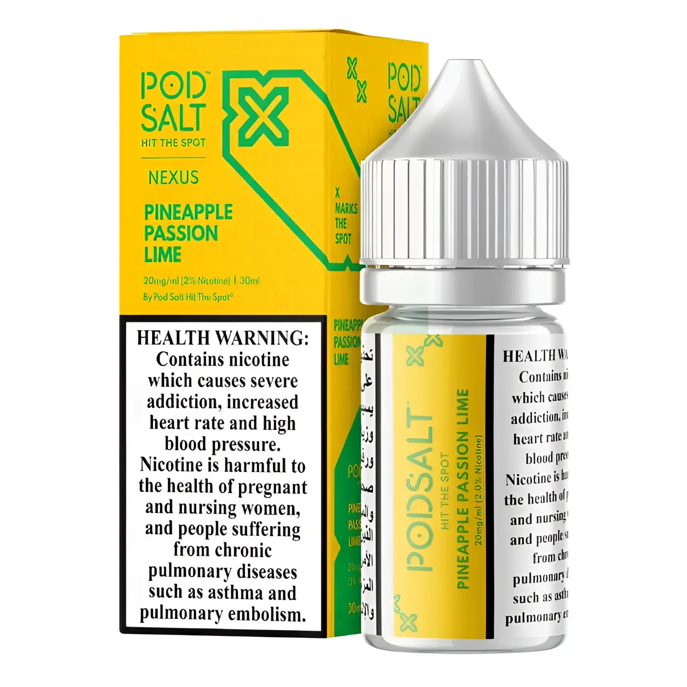 Yellow and green pod salt e-liquid bottle with silver cap labeled pineapple passion lime for vape juice use