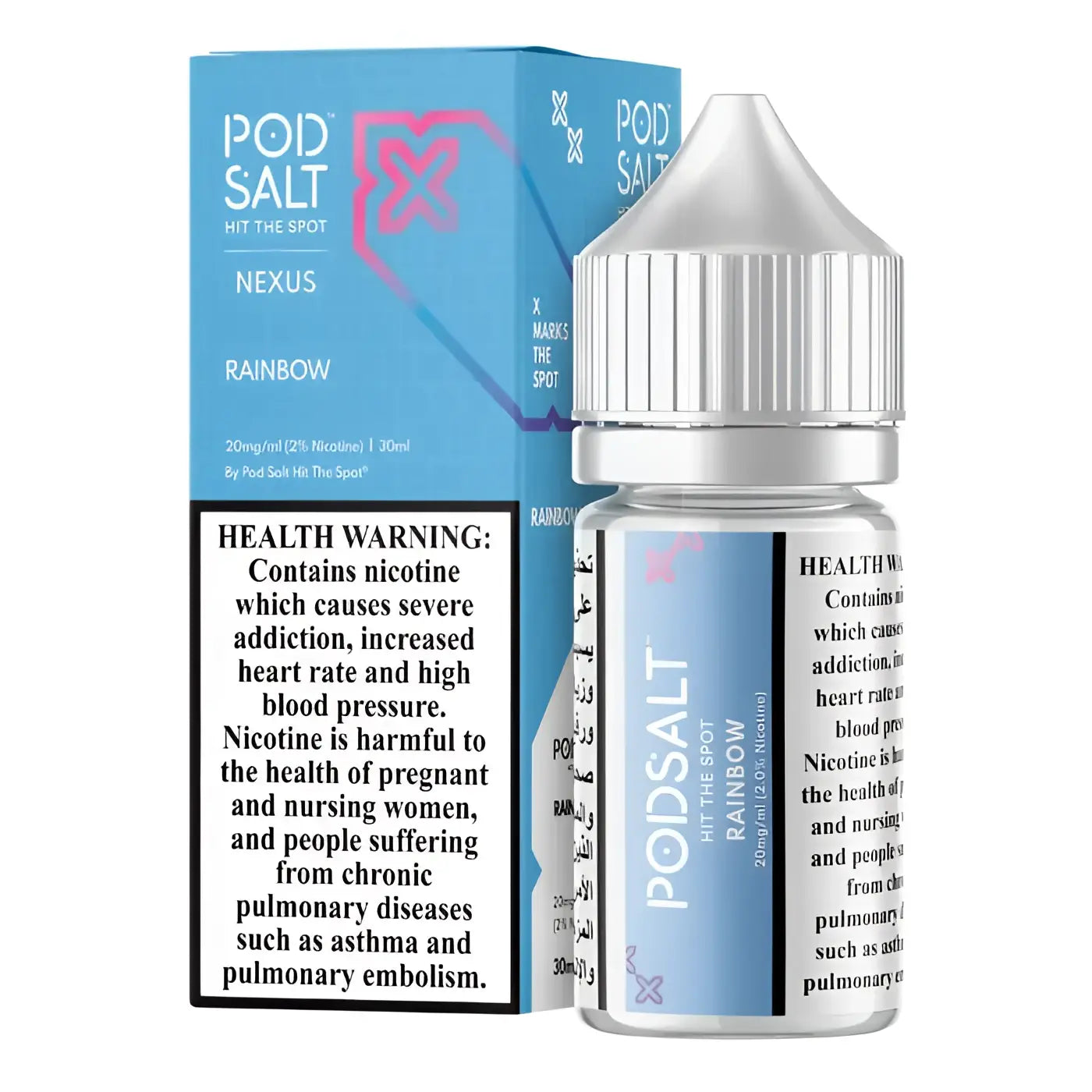 A sleek transparent 30ml pod salt e-liquid bottle with silver cap and blue rainbow flavor label in 20mg 25mg 50mg options