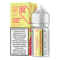 A clear glass bottle with silver ribbed cap and yellow label with pink text containing pod salt strawberry banana rhubarb e-liquid