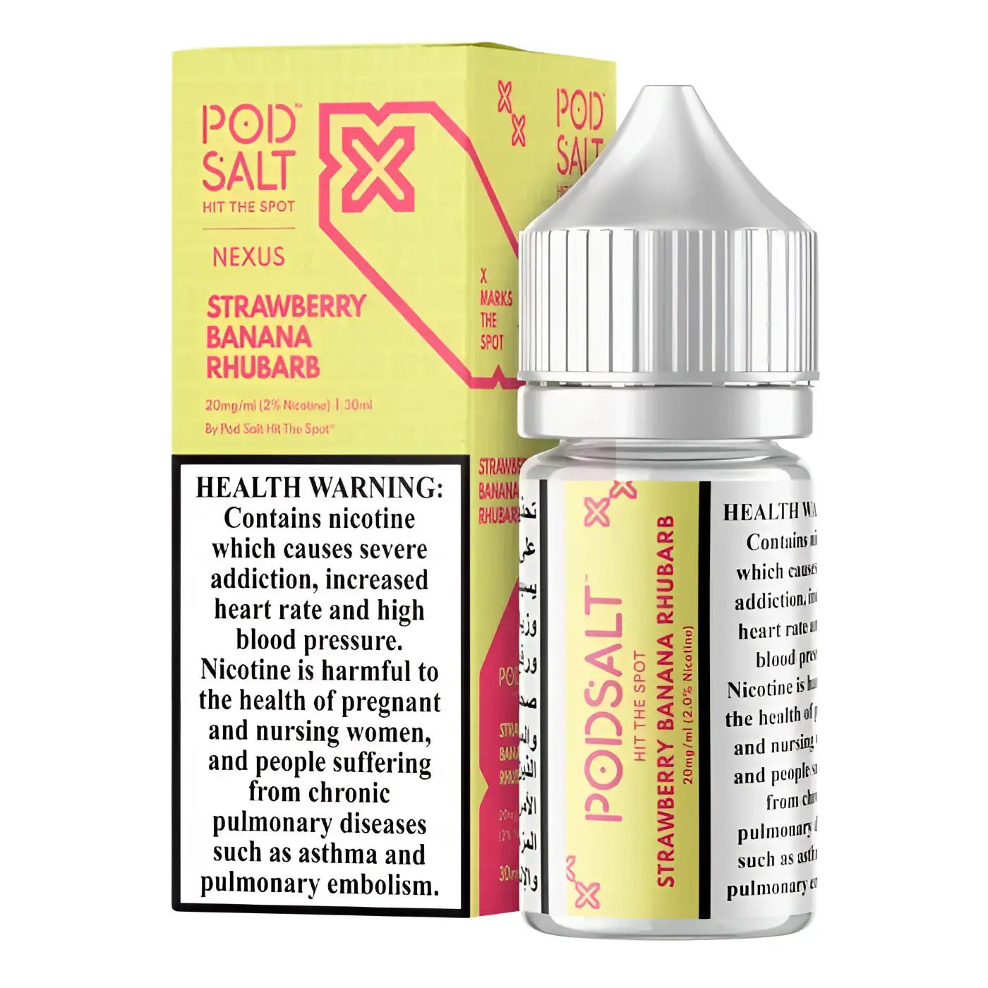 A clear glass bottle with silver ribbed cap and yellow label with pink text containing pod salt strawberry banana rhubarb e-liquid