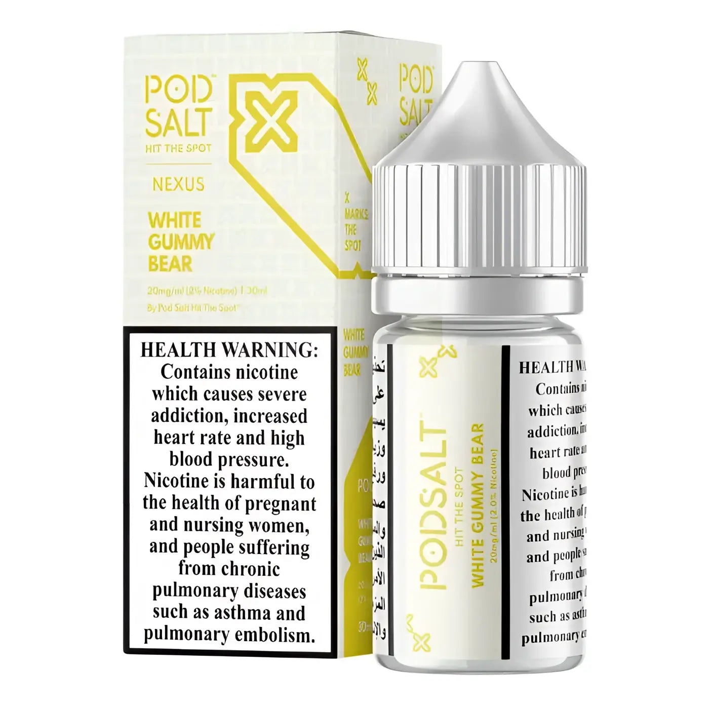 A clear glass bottle with silver ribbed cap and yellow label containing white gummy bear pod salt vape juice by nexus