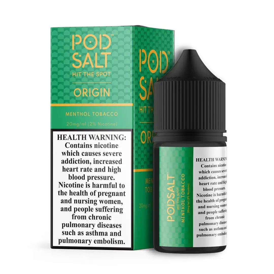 Green and gold pod salt origin menthol tobacco 30ml vape juice bottle with black cap available in 20mg 25mg 50mg