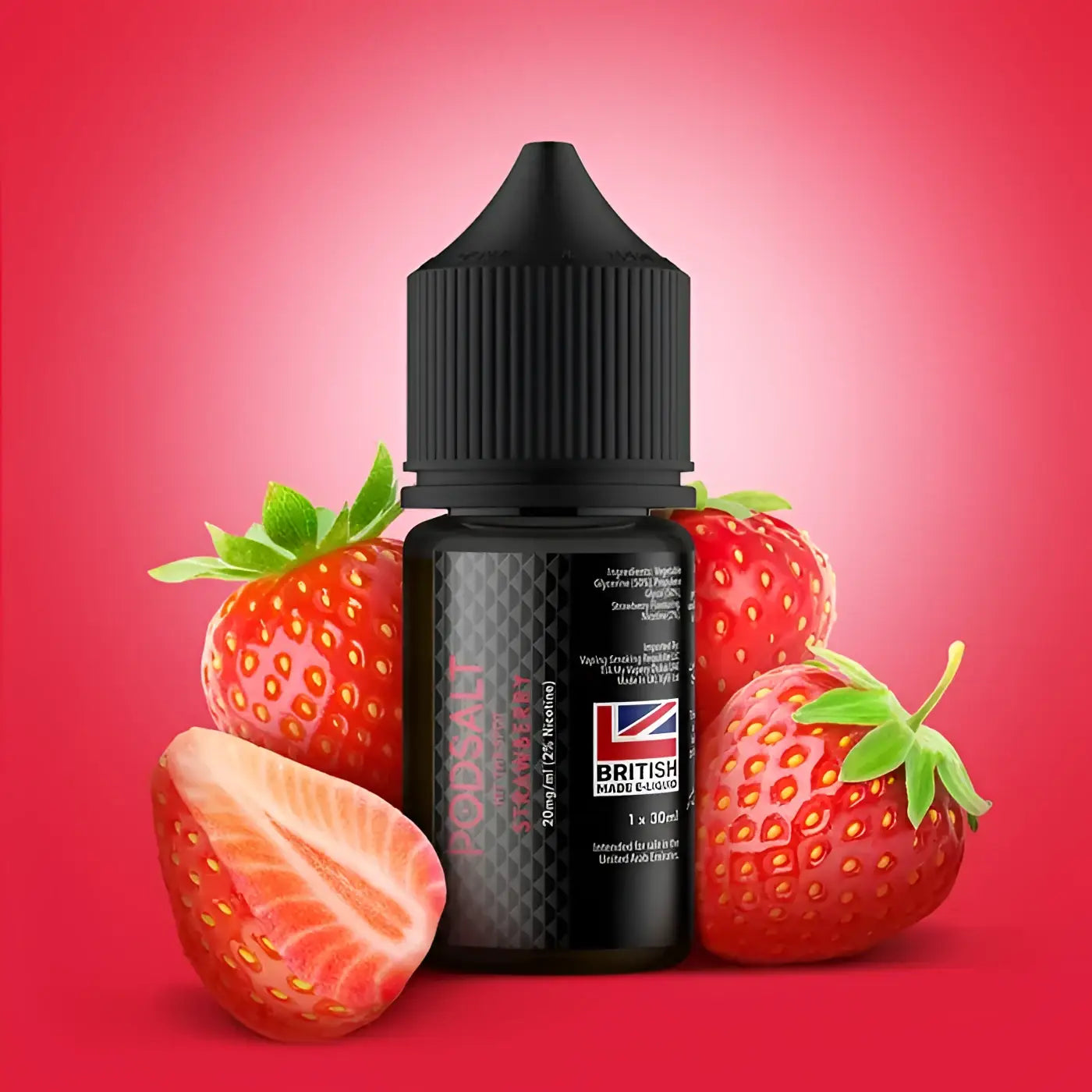 Black glass bottle of pod salt strawberry 30ml vape juice with ribbed cap and british flag label
