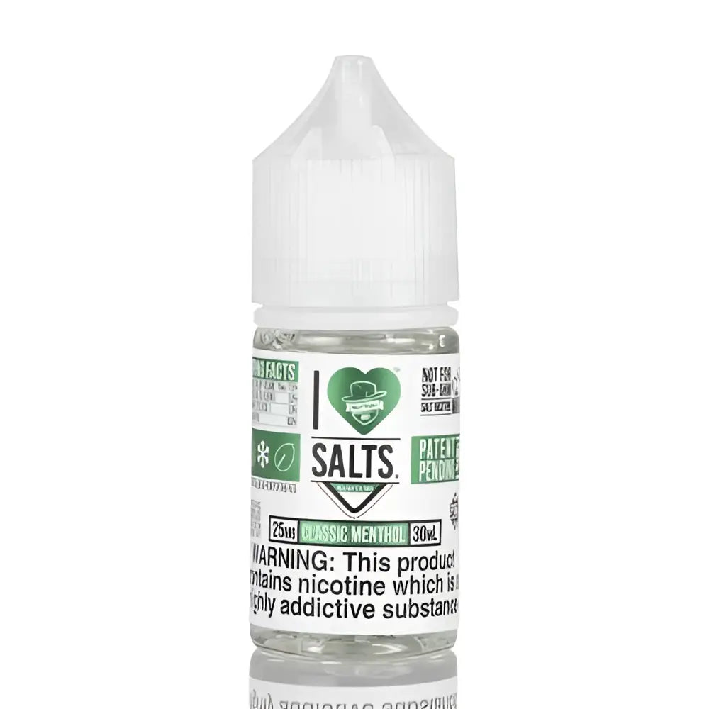 Clear glass bottle with white cap and green label of i love salts classic menthol 30ml e-liquid by mad hatter
