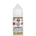 A clear plastic 30ml bottle with white cap labeled i love salts classic tobacco nic salt vape juice by mad hatter