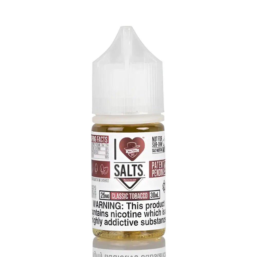 A clear plastic 30ml bottle with white cap labeled i love salts classic tobacco nic salt vape juice by mad hatter