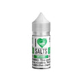 A clear glass bottle of mad hatter i love salts spearmint nic salt e-liquid with white ribbed cap and green label