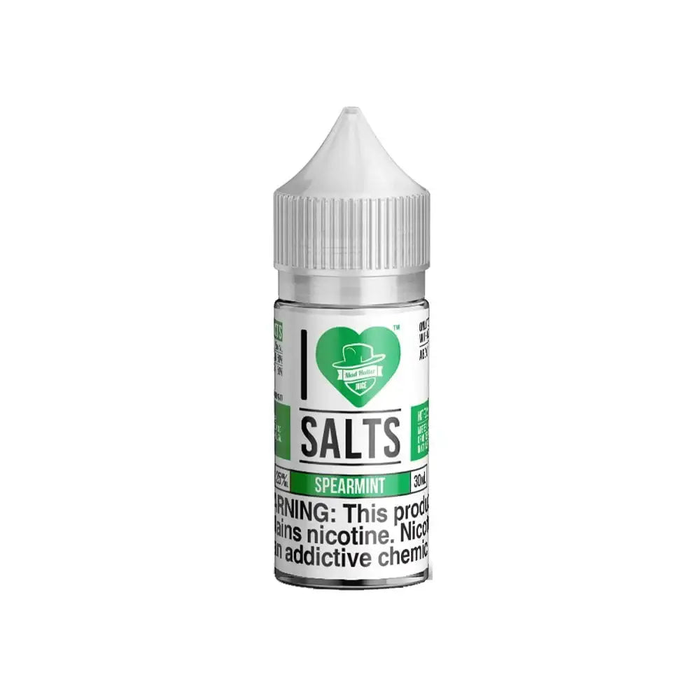 A clear glass bottle of mad hatter i love salts spearmint nic salt e-liquid with white ribbed cap and green label