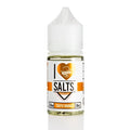 A clear 30ml bottle of i love salts tropic mango e-liquid with white cap and orange accents by Mad Hatter