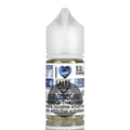 A clear plastic bottle with a white child-resistant cap containing 30ml of love salts blue raspberry e-liquid
