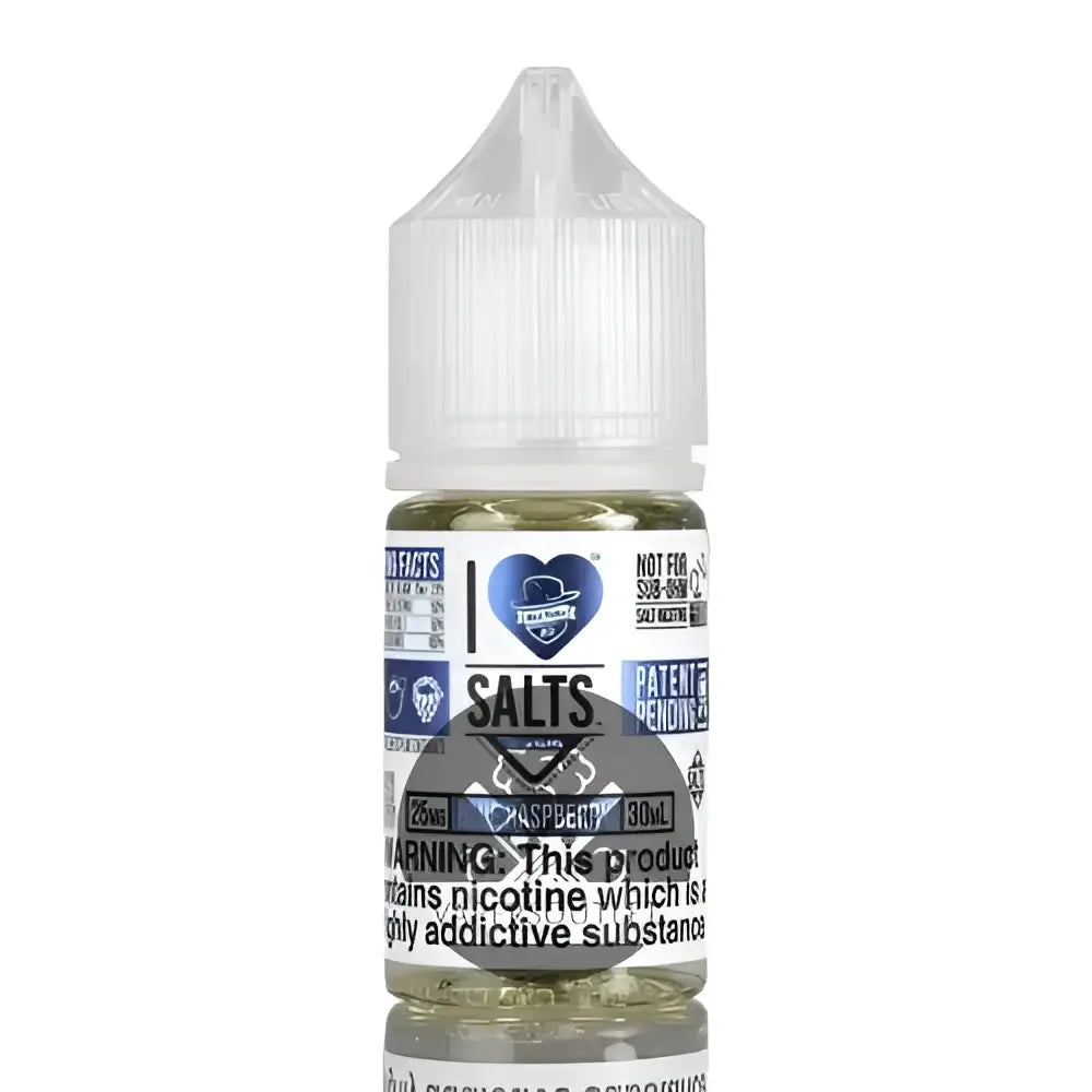A clear plastic bottle with a white child-resistant cap containing 30ml of love salts blue raspberry e-liquid