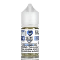 A clear plastic bottle with white cap labeled i love salts blue raspberry vape juice by Mad Hatter 30ml nic salt