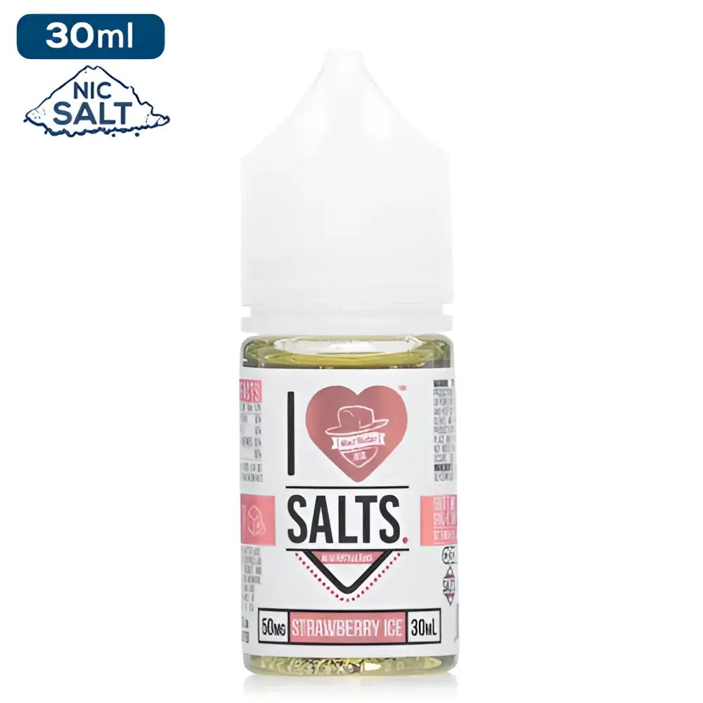 A 30ml bottle of love salts strawberry ice vape juice by Mad Hatter with a white cap and pink label