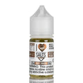 A clear plastic bottle with white child-resistant cap containing 30ml amber i love salts sweet tobacco e-liquid by Mad Hatter