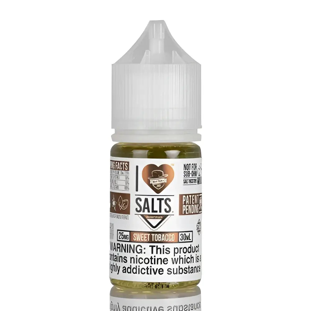 A clear plastic bottle with white child-resistant cap containing 30ml amber i love salts sweet tobacco e-liquid by Mad Hatter