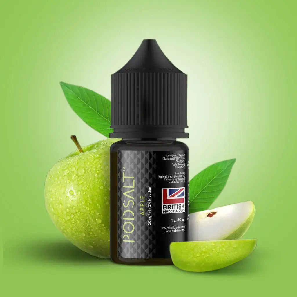 Black glass bottle with black ribbed cap and diamond patterned label featuring pod salt core apple vape juice 30ml authentic apple flavour
