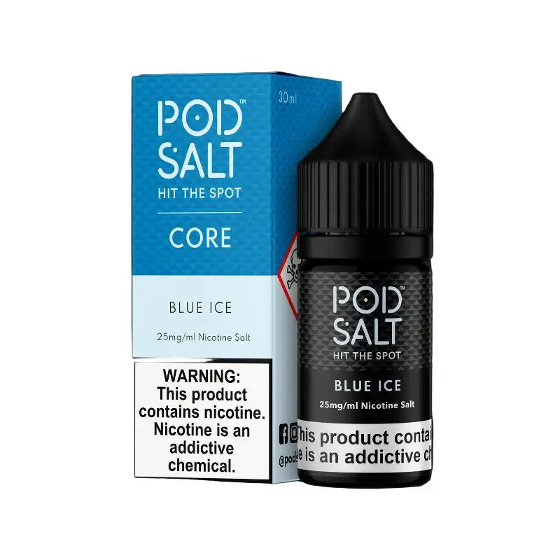 Black glass bottle of blue ice pod salt nicotine salt e-liquid with black ribbed cap and white text label 30ml 50mg