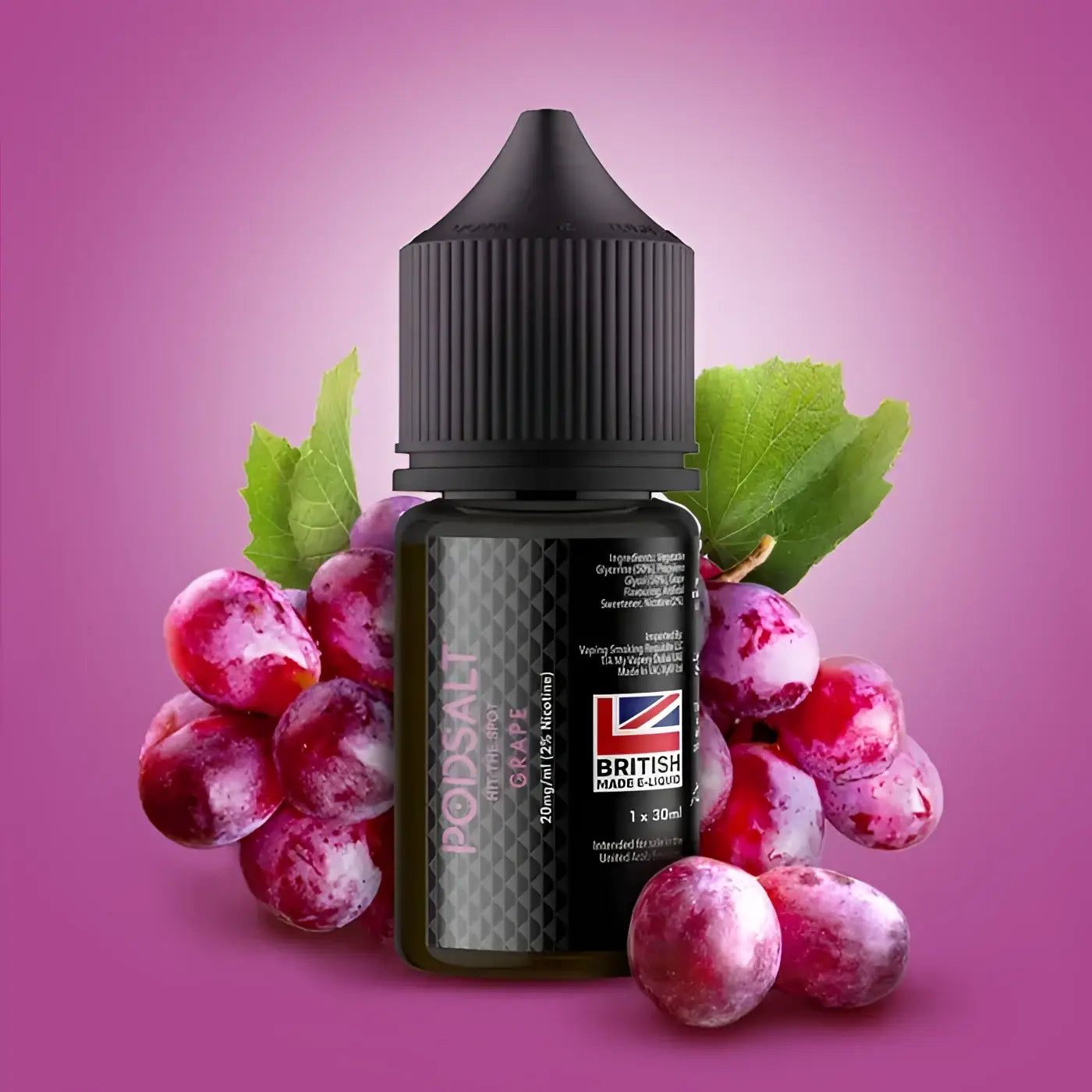 Black glass bottle of pod salt core grape e-liquid with silver label and british flag 30ml 20mg nicotine strength