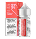 A sleek glass bottle of pod salt nexus sweet strawberry lemonade e-liquid with a silver cap and vibrant red label