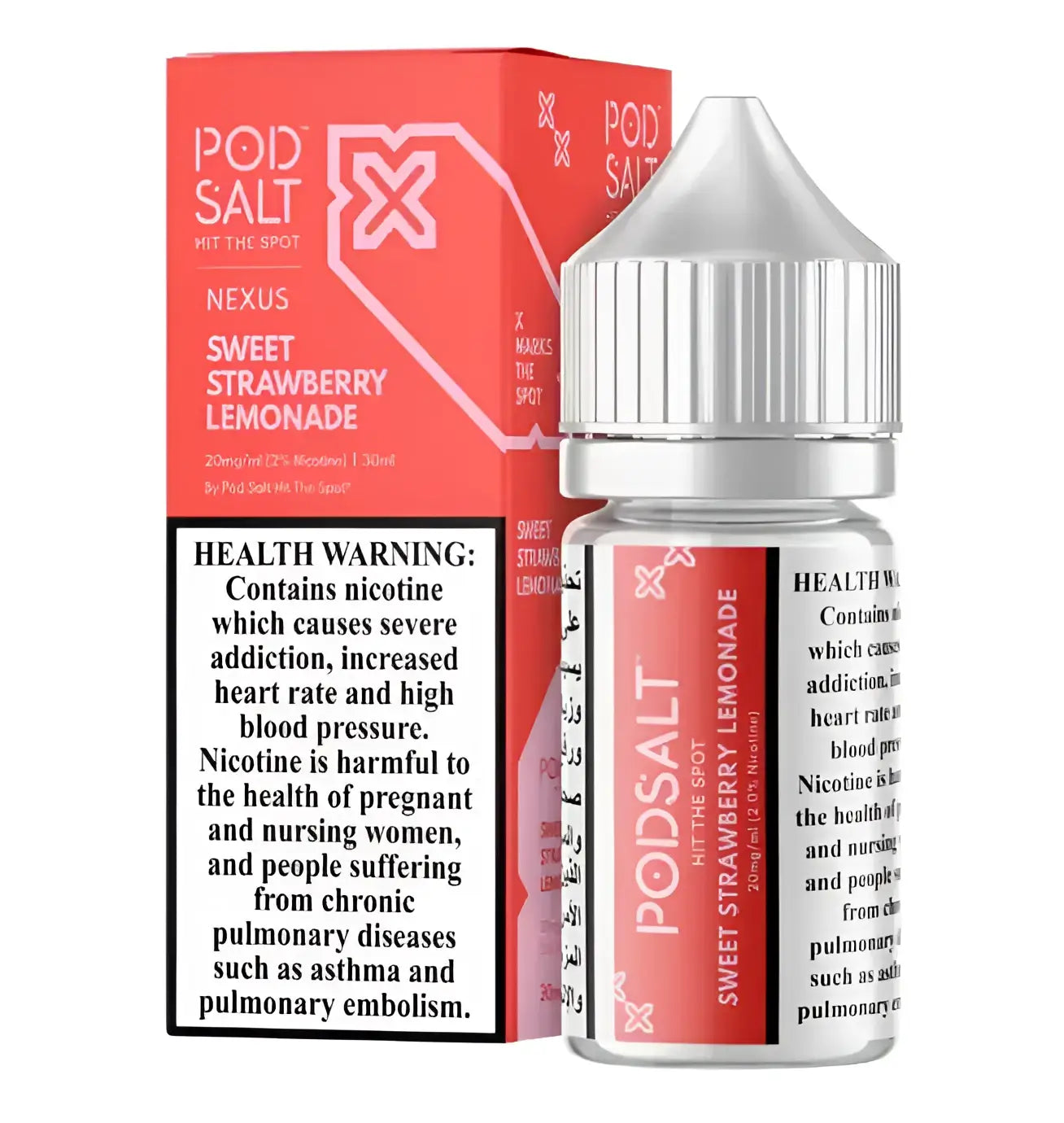 A sleek glass bottle of pod salt nexus sweet strawberry lemonade e-liquid with a silver cap and vibrant red label