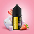 Black glass bottle of pod salt strawberry marshmallow nicotine salt vape juice with a ribbed cap surrounded by strawberries and marshmallows