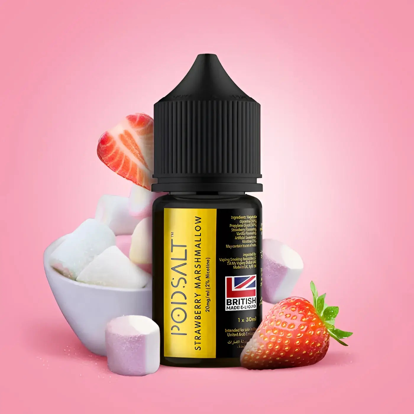 Black glass bottle of pod salt strawberry marshmallow nicotine salt vape juice with a ribbed cap surrounded by strawberries and marshmallows