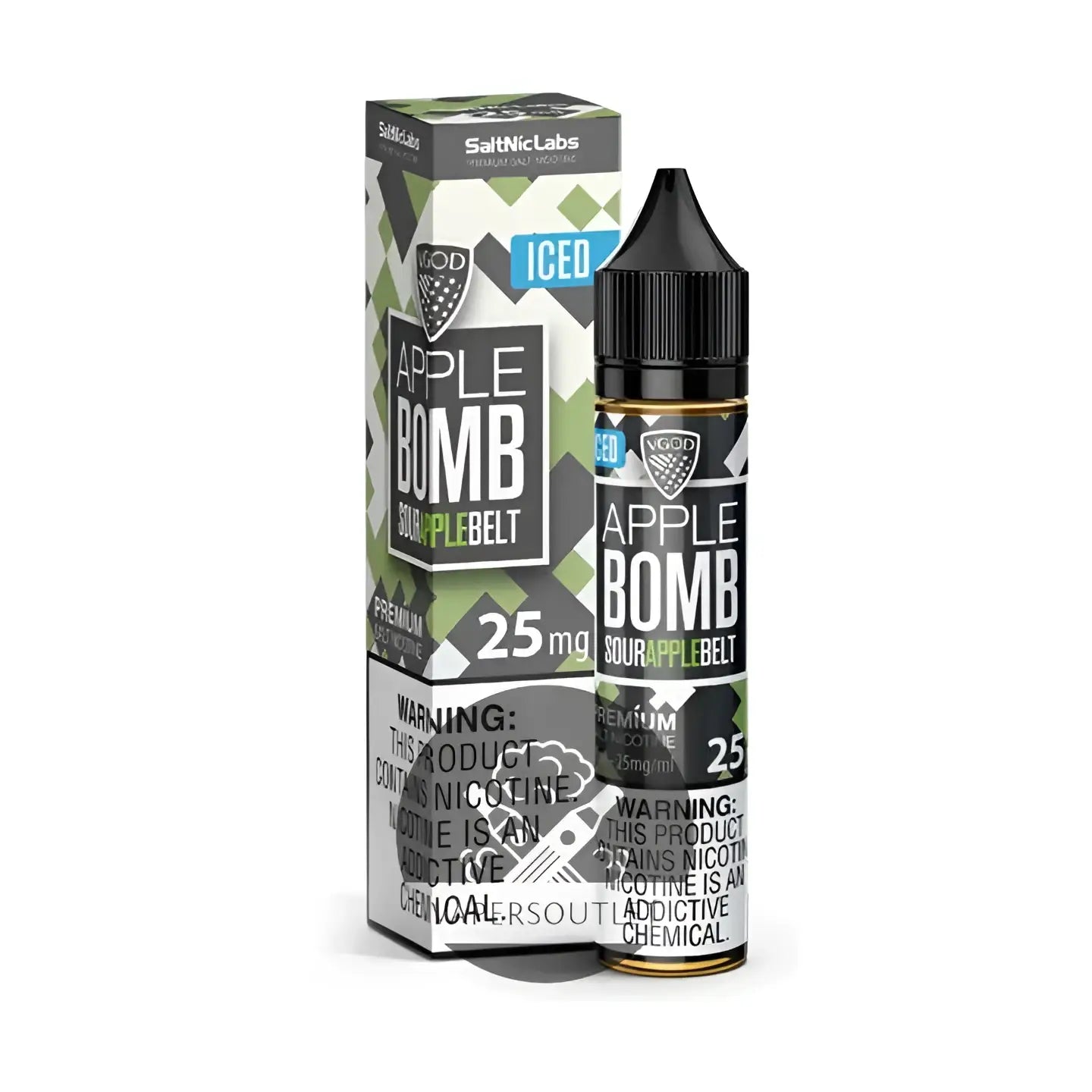 VGOD SaltNic Apple Bomb Iced vape juice in 30ML bottle, featuring apple flavor with icy menthol, 25MG and 50MG nicotine strength.