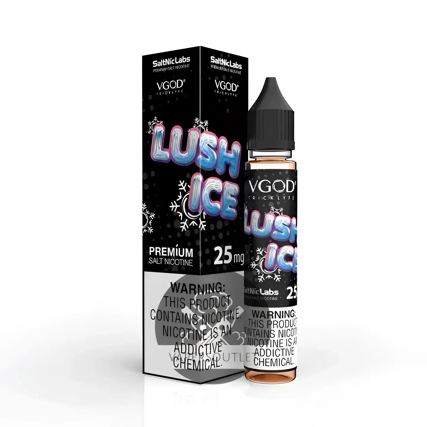 VGOD SaltNic Lush Ice 30ML nic salt vape juice by IVG, featuring a cool, fruity mint flavor in 25MG and 50MG nicotine strength.