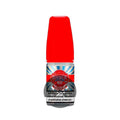 Red-capped transparent glass bottle of dinner lady salts e-liquid with vibrant blue and silver label strawberry bikini