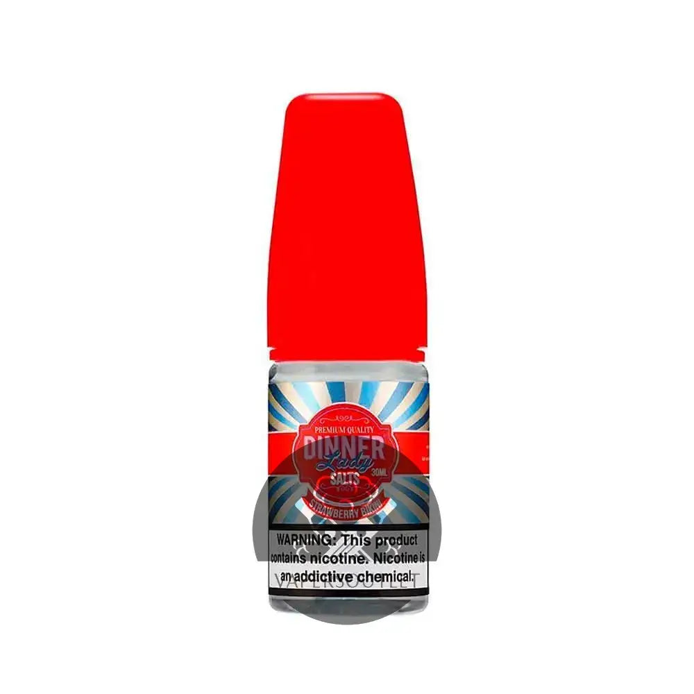 Red-capped transparent glass bottle of dinner lady salts e-liquid with vibrant blue and silver label strawberry bikini