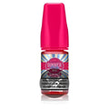 A vibrant pink plastic bottle of dinner lady watermelon slices ice 50mg e-liquid with colorful label and cap