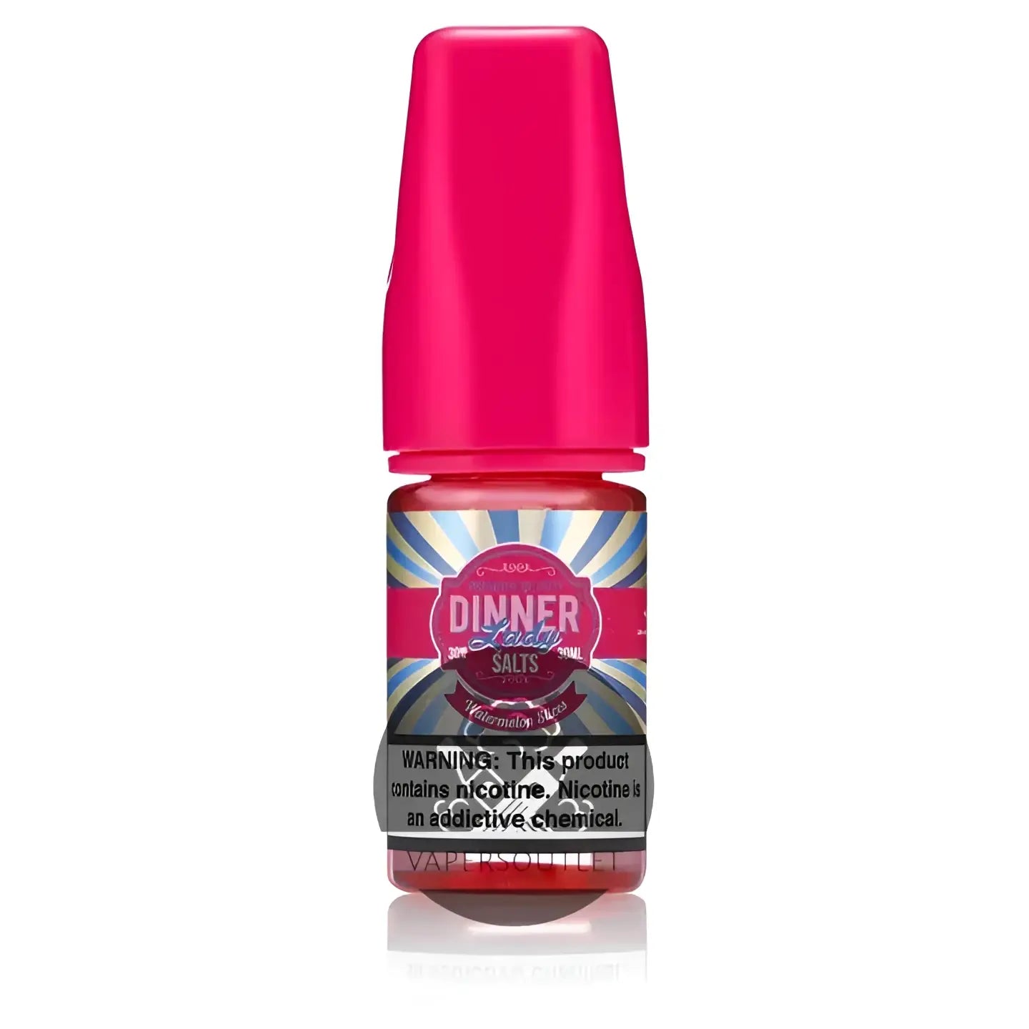 A vibrant pink plastic bottle of dinner lady watermelon slices ice 50mg e-liquid with colorful label and cap