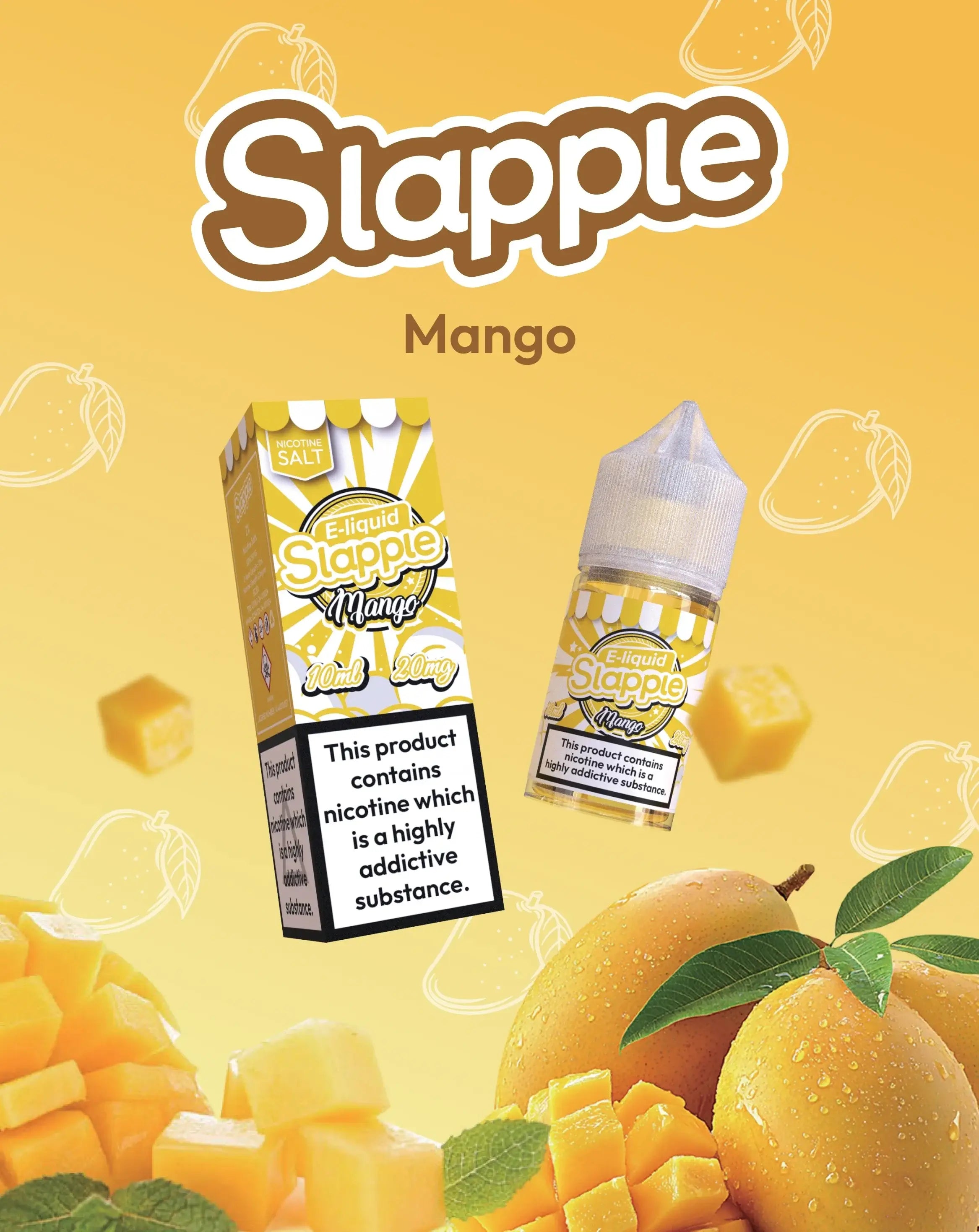 Slapple mango nic salt e-liquid 30ml bottle with yellow and white label alongside matching box for vape street