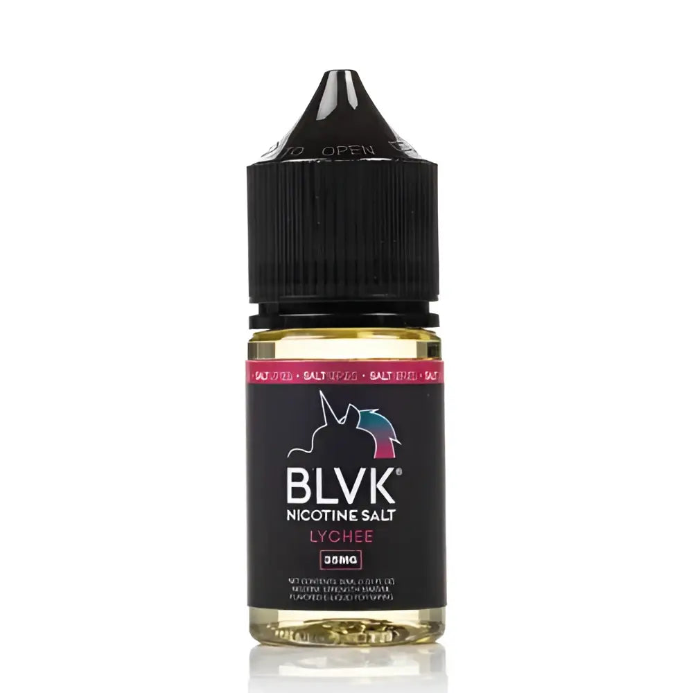Black bottle of blvk unicorn lychee nicotine salt e-liquid 30mg with unicorn logo for vape juice use