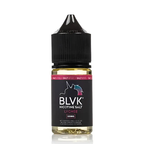 Black bottle of blvk unicorn lychee nicotine salt e-liquid 30mg with unicorn logo for vape juice use