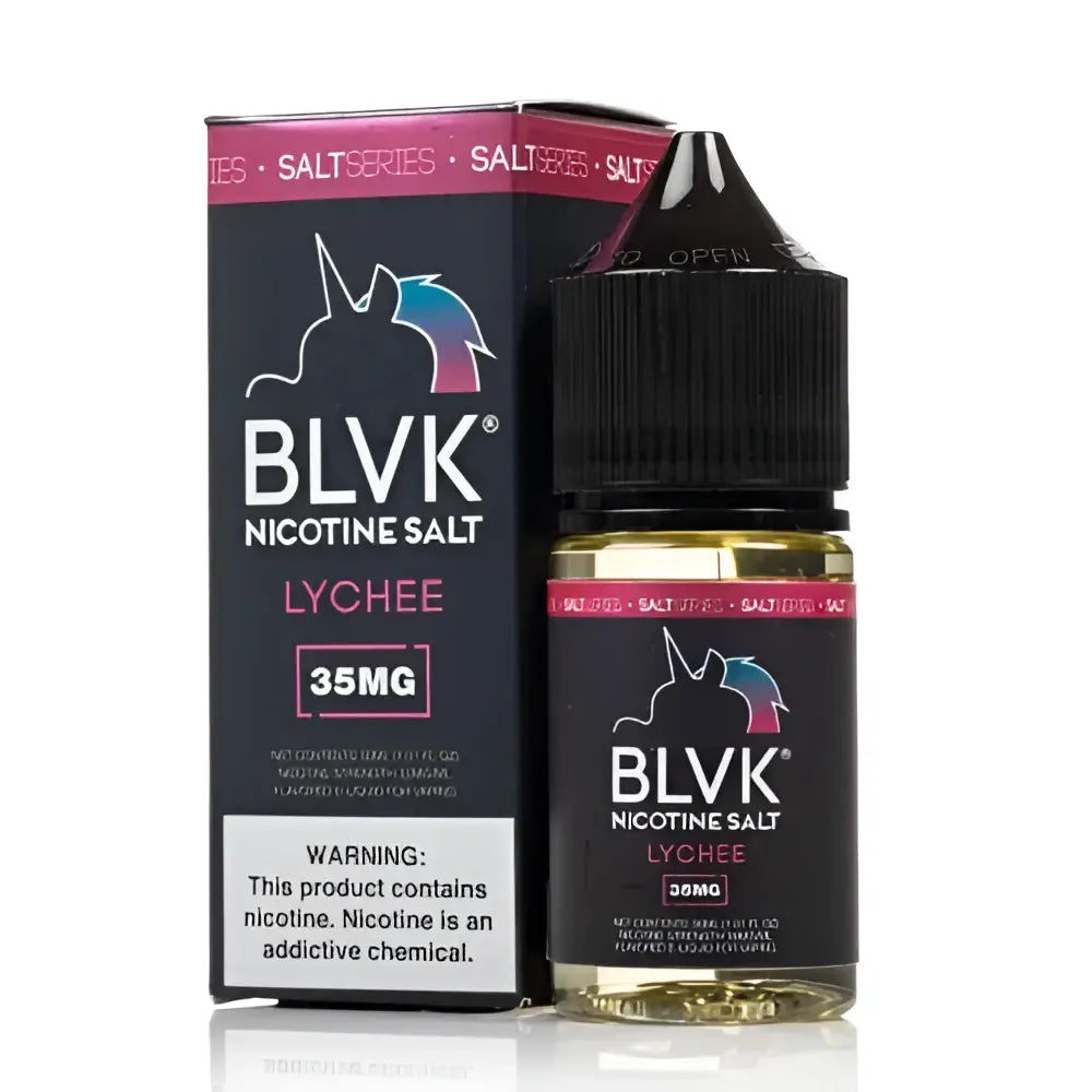 Blvk unicorn lychee 35mg nicotine salt e-liquid in a sleek black bottle with vibrant pink and blue unicorn branding