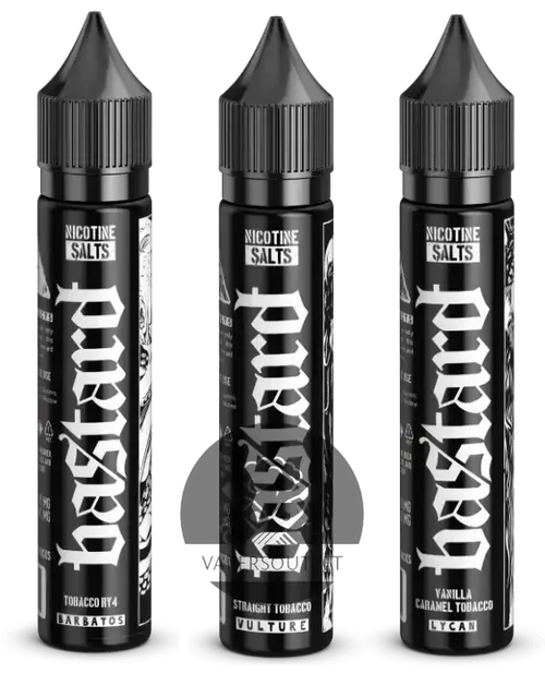Three black vape juice bottles with white gothic lettering and pointed caps labeled bastard salts barbatos ry4 tobacco nicotine salt