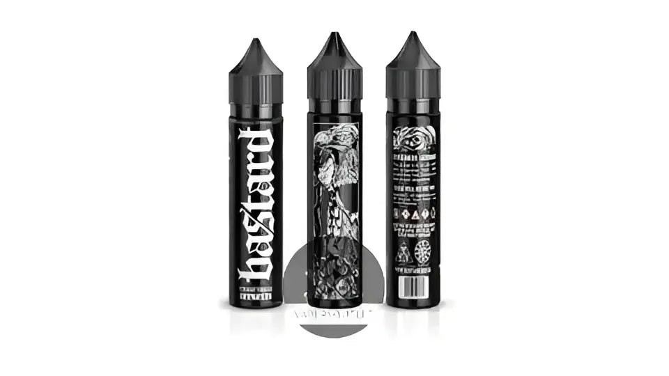 Three black cylindrical bastard salts vulture vape juice bottles with white gothic lettering for straight tobacco use