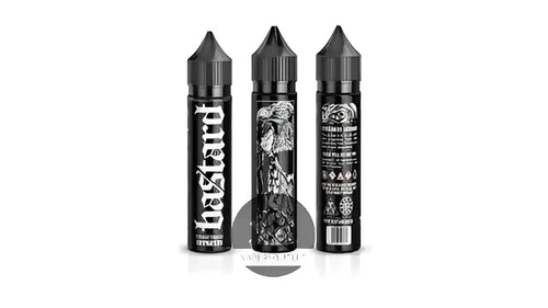 Three black cylindrical bastard salts vulture vape juice bottles with white gothic lettering for straight tobacco use