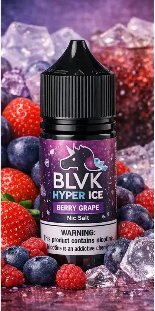 Black and pink berry grape blvk hyper ice e-liquid bottle with black cap for vape juice use in india