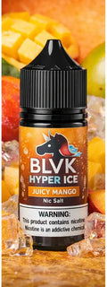 Blvk hyper ice juicy mango nic salt e-liquid bottle with black cap orange label featuring a unicorn logo