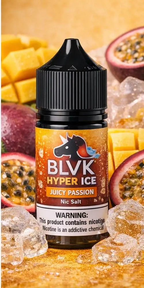 Black blvk hyper ice juicy passion e-liquid bottle with purple black packaging and vibrant passion fruit design