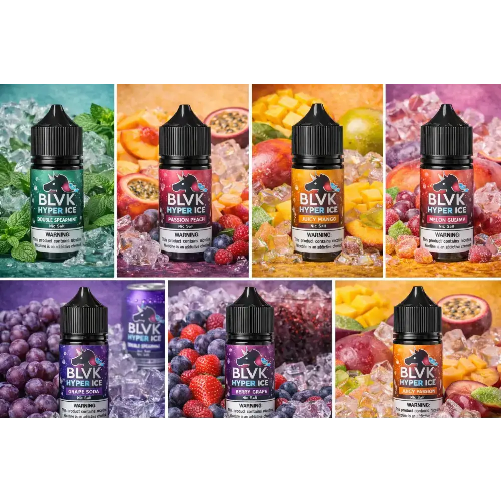 Blvk hyper ice e-liquid bottles with black caps and colorful fruity labels including juicy peach hyper ice juicy flavors