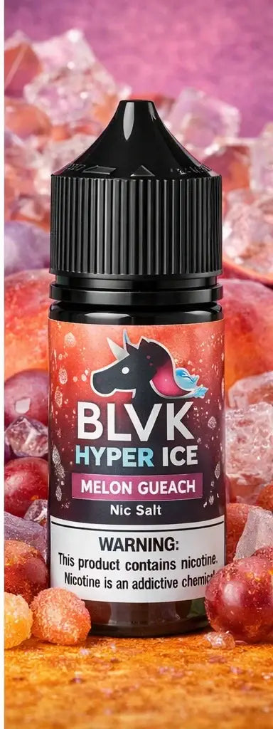 Blvk hyper ice melon gummy 30ml nic salt vape juice bottle with black cap and ice-themed design in black and red
